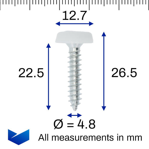 White Polytops Moulded Number Plate Screw, 26mm Long - VehicleClips